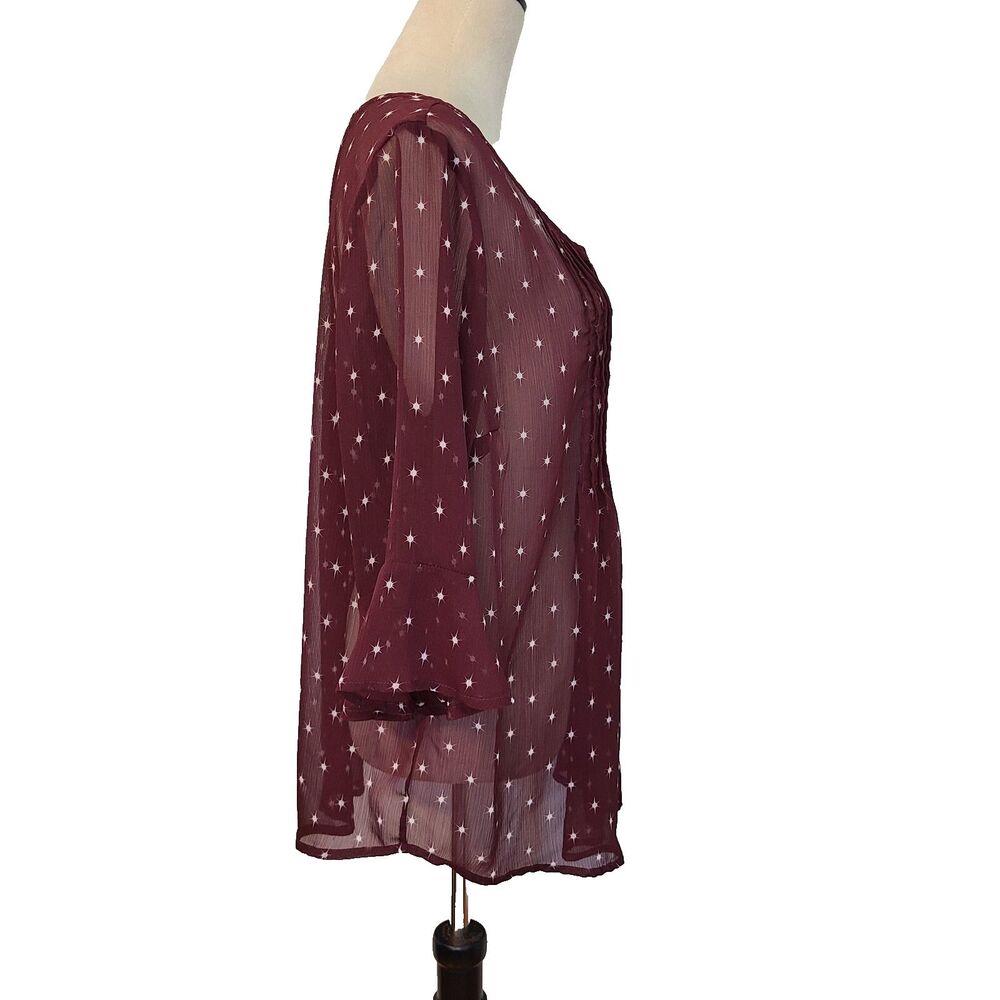 Torrid Burgundy Starburst Georgette Pleated Chiffon Blouse Boho Ruffle Slv Sz L - Picture 8 of 11